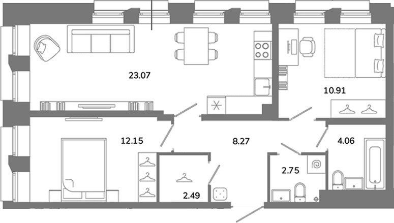 Планировка: Евротрёшка 63,7 м² в ЖК «Твой Космос»
