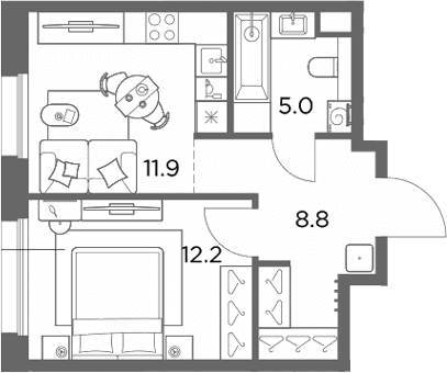 Планировка: 1-комнатная квартира 37,9 м² в ЖК «Станиславский»