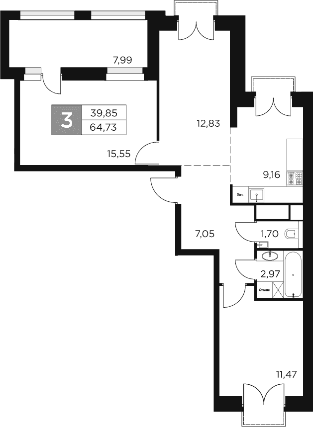 Планировка: Евротрёшка 60,7 м² в ЖК «Восток 2»