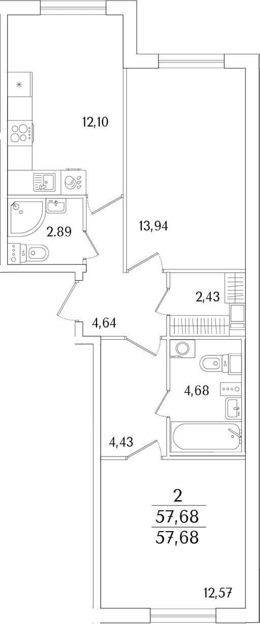 Планировка: 2-комнатная квартира 57,7 м² в ЖК «Кинопарк»