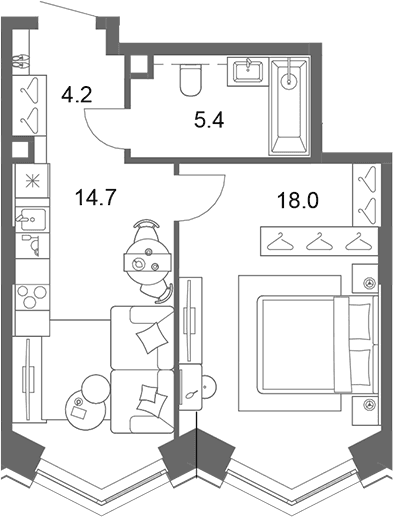 Планировка: Евродвушка 42,3 м² в ЖК «ОМ Ботанический»