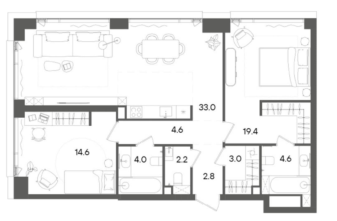 Планировка: Евротрёшка 88,2 м² в ЖК «СТОУН Грэйн»