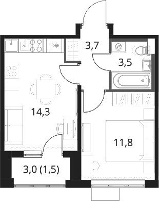 Планировка: 1-комнатная квартира 33,3 м² в ЖК «1-й Шереметьевский»
