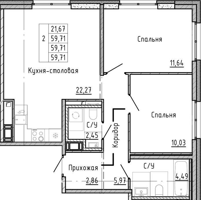 Планировка: Евротрёшка 59,7 м² в ЖК «ОКЛА»