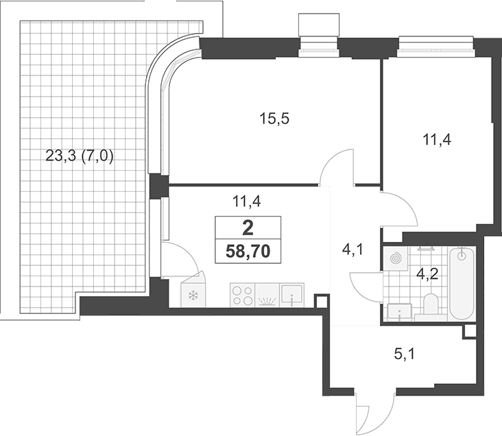 Планировка: 2-комнатная квартира 51,7 м² в ЖК «Южные сады»