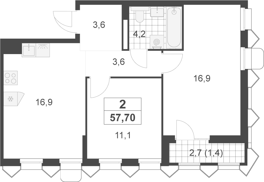 Планировка: Евротрёшка 56,3 м² в ЖК «Деснаречье»