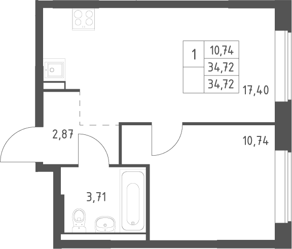 Планировка: Евродвушка 34,7 м² в ЖК «Большое Юрлово»