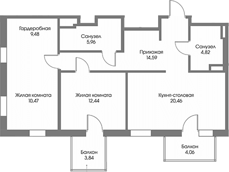 Планировка: Евротрёшка 78,2 м² в ЖК «Рощино Резиденс»