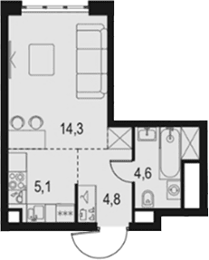 Планировка: Студия 28,8 м² в ЖК «Левел Южнопортовая»