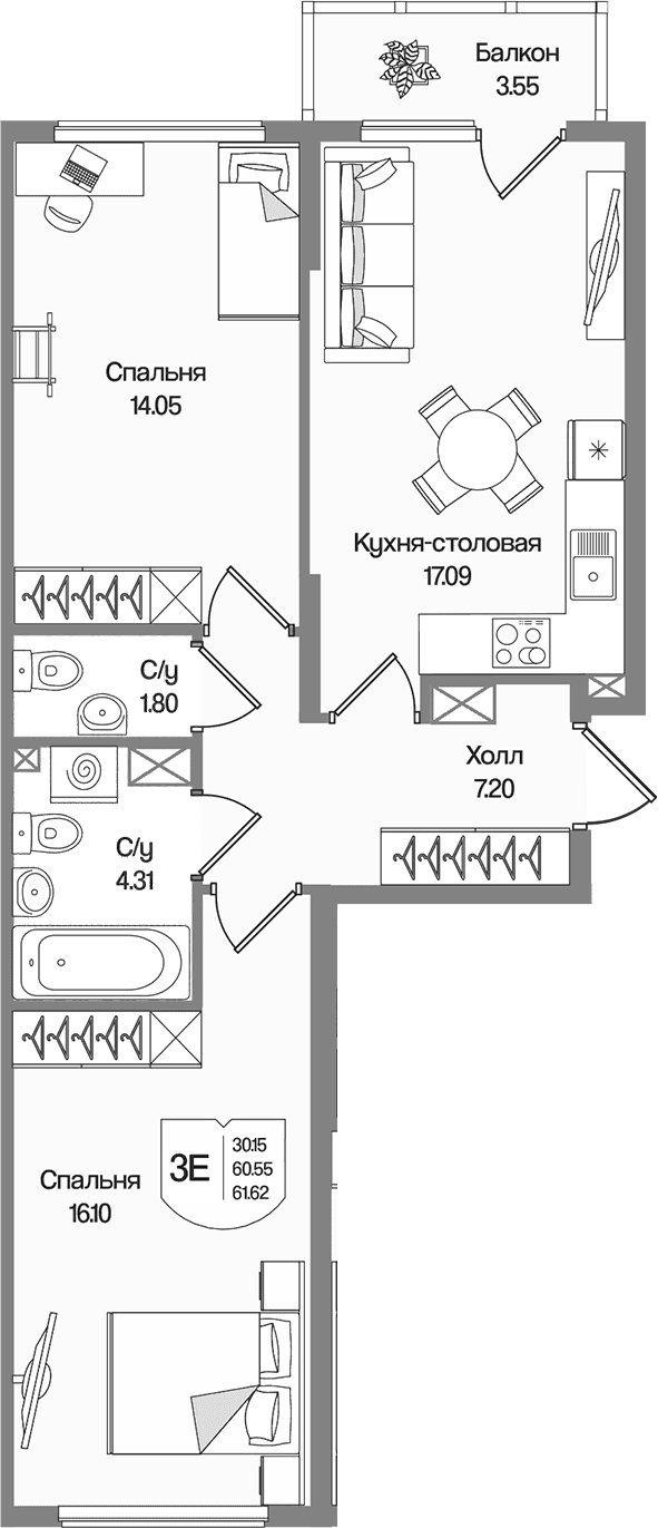 Планировка: Евротрёшка 60,6 м² в ЖК «Охтинские высоты»