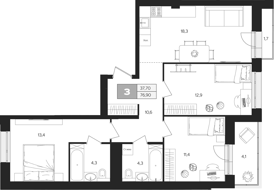Планировка: 3-комнатная квартира 74,3 м² в ЖК «Ласточкино»