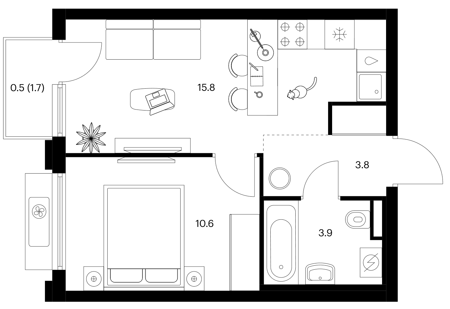 Планировка: 1-комнатная квартира 34,1 м² в ЖК «Белая Дача парк»