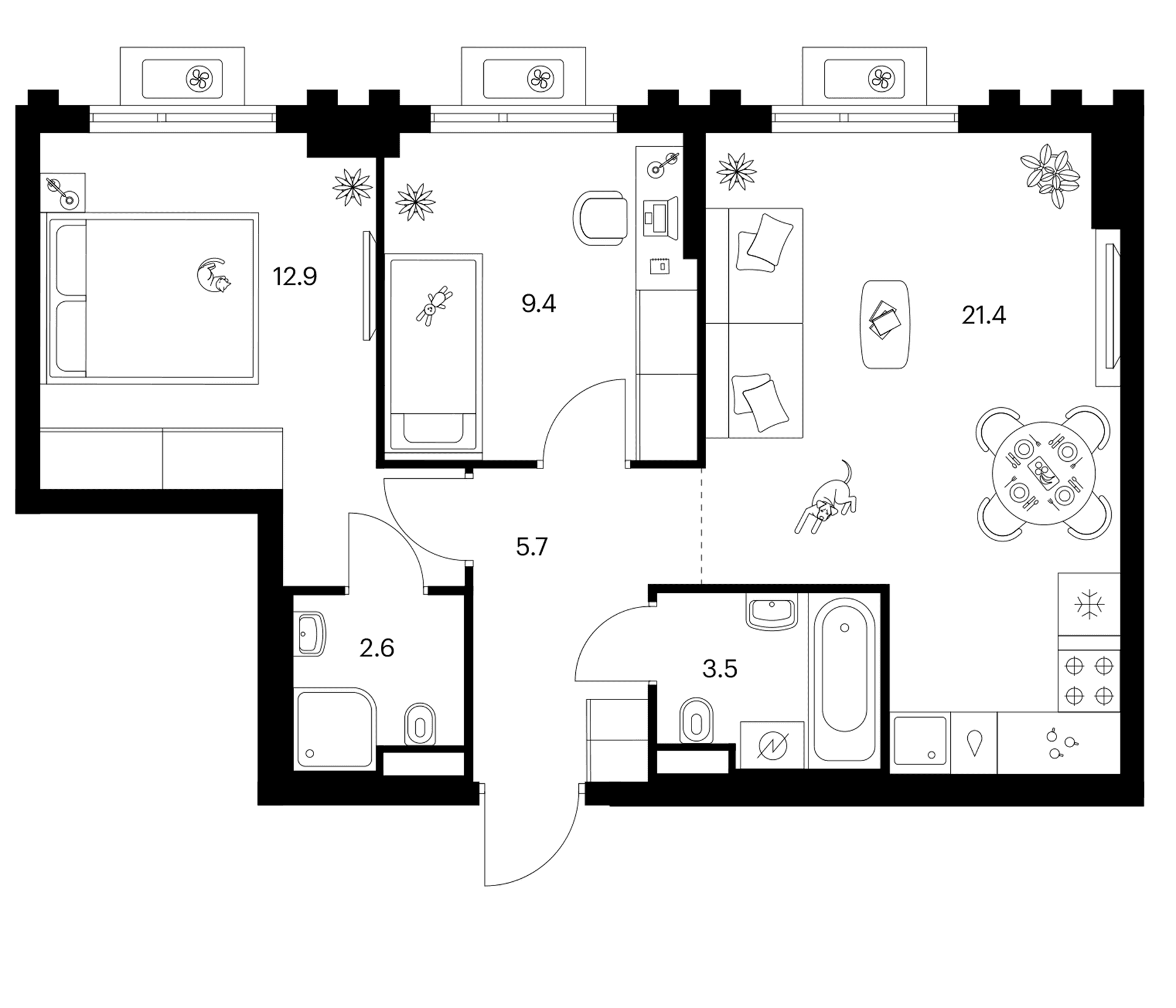 Планировка: 2-комнатная квартира 55,5 м² в ЖК «Белая Дача парк»
