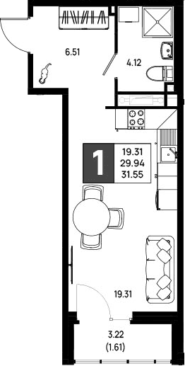 Планировка: Студия 29,9 м² в ЖК «Имена»