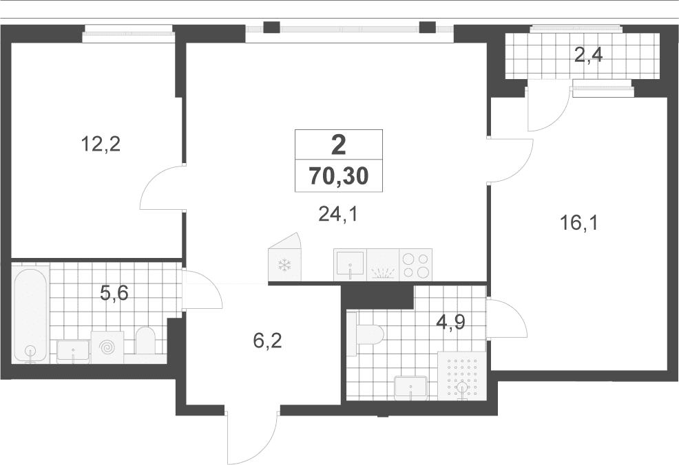 Планировка: Евротрёшка 69,1 м² в ЖК «Деснаречье»