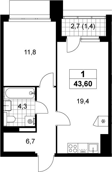 Планировка: Евродвушка 42,2 м² в ЖК «Деснаречье»