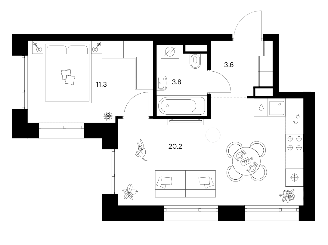 Планировка: 1-комнатная квартира 38,9 м² в ЖК «Москворечье»
