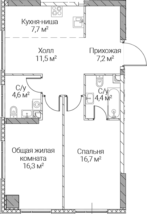 Планировка: Евротрёшка 68,4 м² в ЖК «СЕЗАР СИЛИКА»