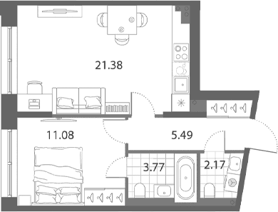 Планировка: Евродвушка 43,9 м² в ЖК «Нева Арт»