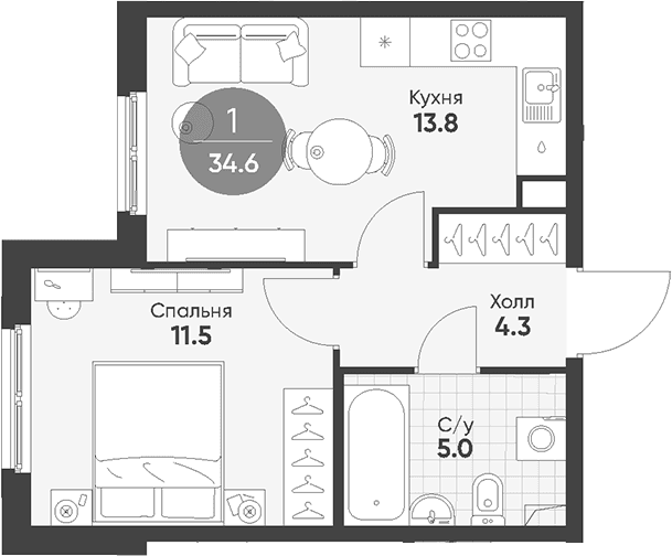 Планировка: 1-комнатная квартира 34,6 м² в ЖК «Клюква.Парк»