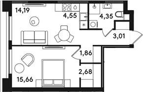 Планировка: Евродвушка 46,3 м² в ЖК «СОЛОС»