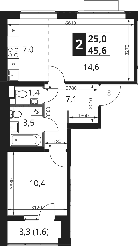 Планировка: Евродвушка 44 м² в ЖК «1-й Ясеневский»