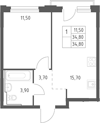 Планировка: Евродвушка 34,8 м² в ЖК «Химки Парк»