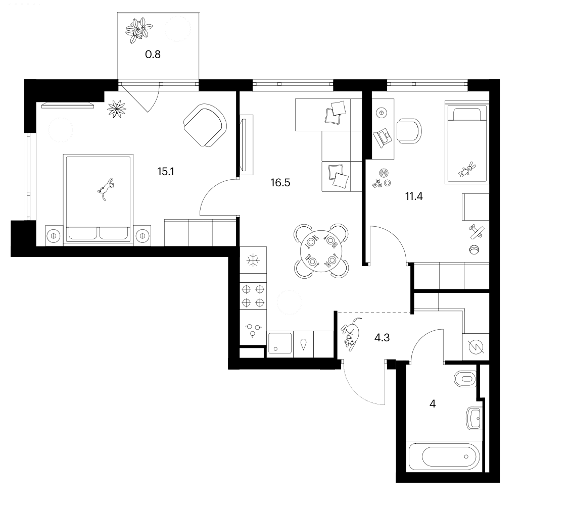 Планировка: 2-комнатная квартира 51,3 м² в ЖК «Зеленый парк»