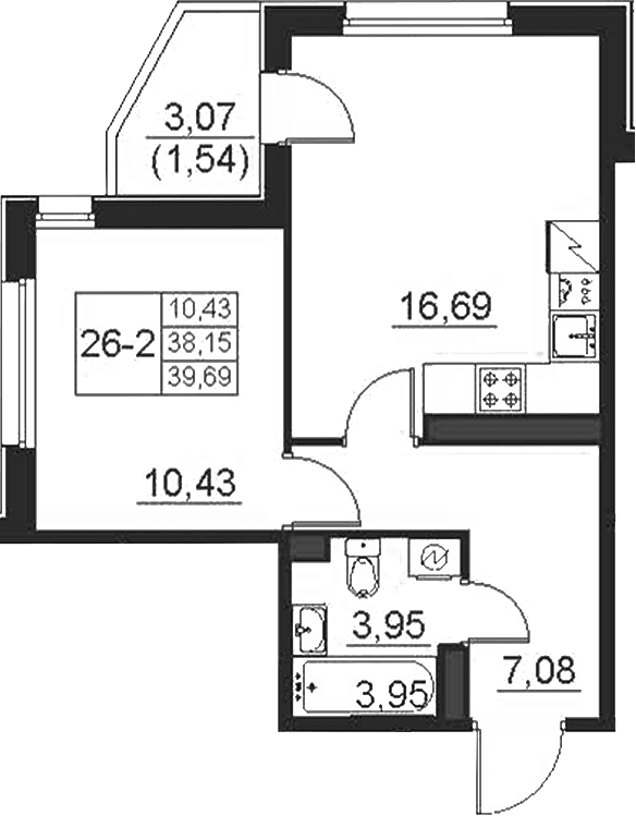 Планировка: Евродвушка 38,2 м² в ЖК «Поинт Токсово»