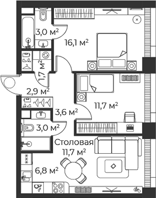Планировка: Евротрёшка 60,4 м² в ЖК «Веер»
