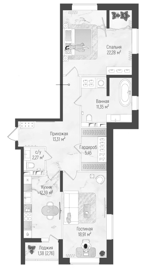 Планировка: 2-комнатная квартира 86 м² в ЖК «Рига Хиллс»