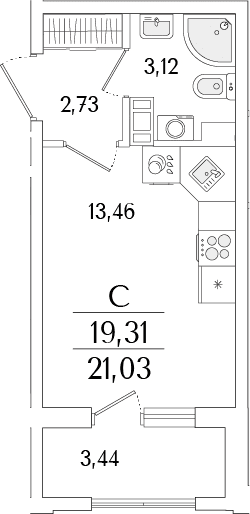 Планировка: Студия 19,3 м² в ЖК «Гранат»