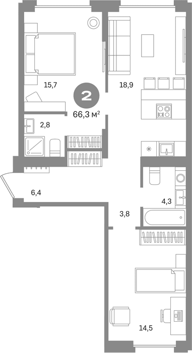 Планировка: 2-комнатная квартира 66,3 м² в ЖК «Первый квартал. Вторая очередь»
