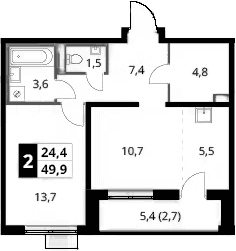 Планировка: 1-комнатная квартира 47,2 м² в ЖК «1-й Донской»