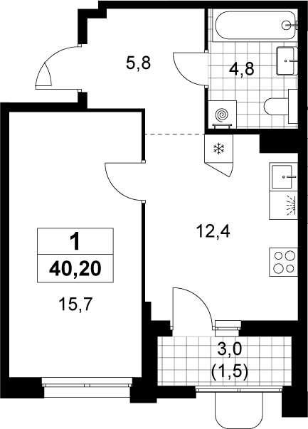 Планировка: Евродвушка 38,7 м² в ЖК «Прокшино»