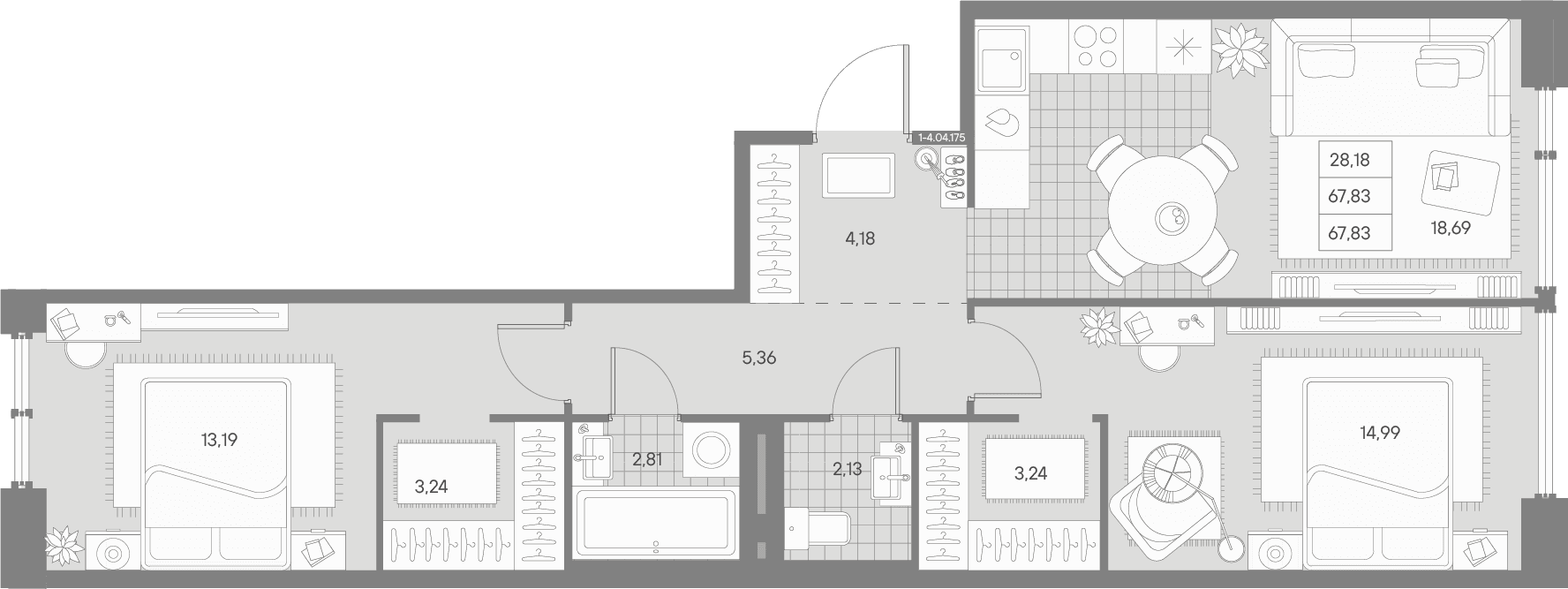 Планировка: Евротрёшка 67,8 м² в ЖК «АВАНТ»