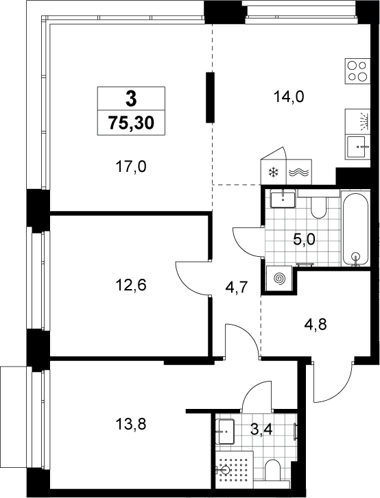 Планировка: Евротрёшка 75,3 м² в ЖК «Хольм»
