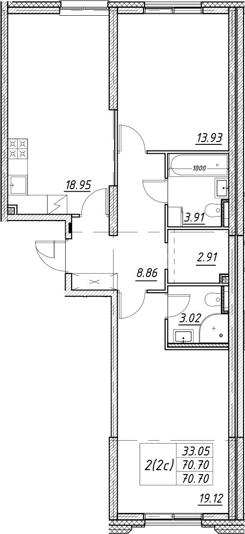 Планировка: Евротрёшка 70,9 м² в ЖК «Цивилизация на Неве»