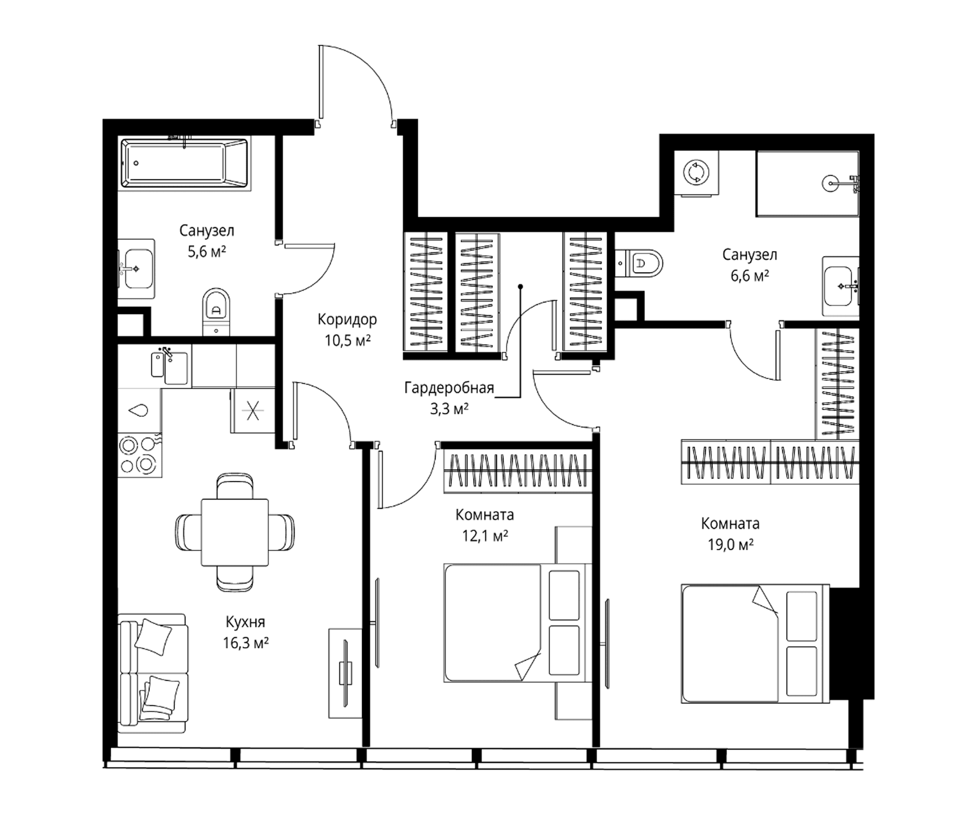 Планировка: Евротрёшка 73,4 м² в ЖК «ОНЕ»