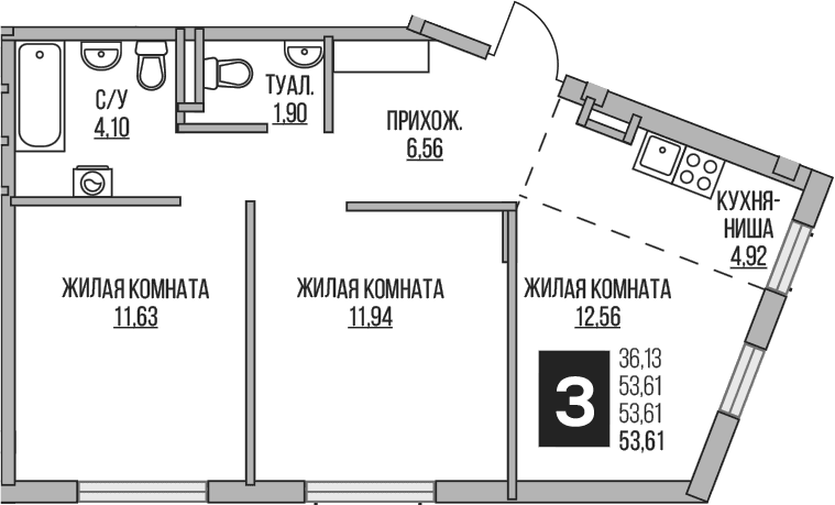Планировка: Евротрёшка 53,6 м² в ЖК «Гранель Аникеевский»