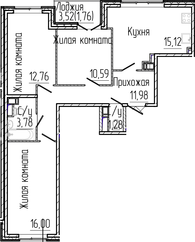 Планировка: Квартира евро-4 71,5 м² в ЖК «Сертолово Парк»