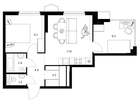 Планировка: 2-комнатная квартира 49,8 м² в ЖК «Бусиновский парк»