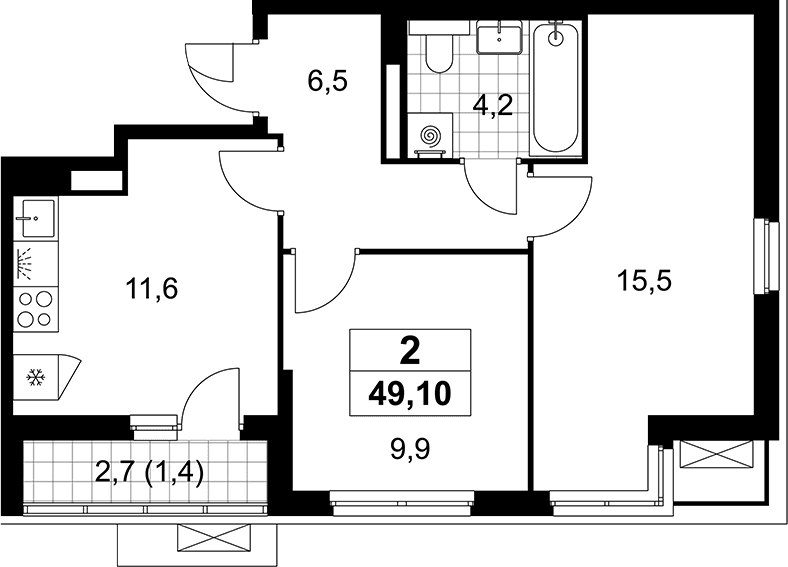 Планировка: 2-комнатная квартира 47,7 м² в ЖК «Деснаречье»