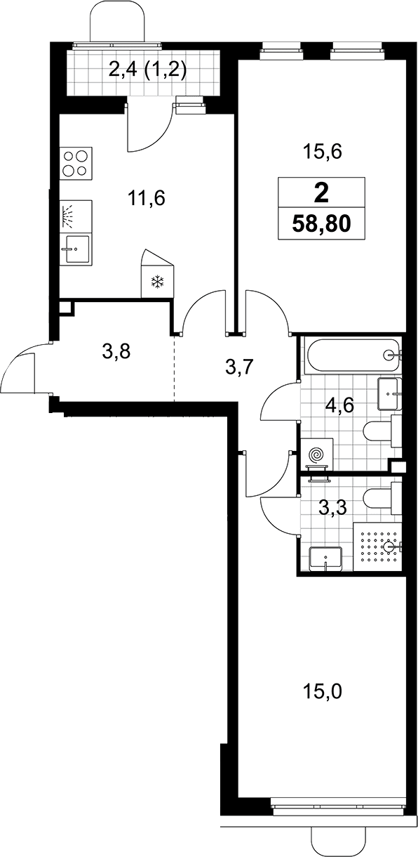 Планировка: 2-комнатная квартира 57,6 м² в ЖК «Прокшино»