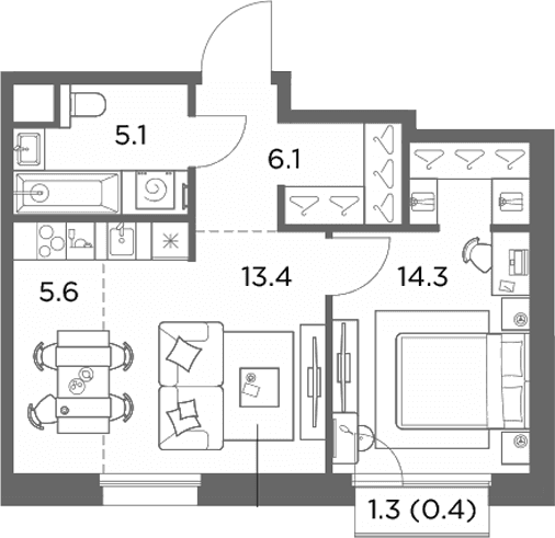Планировка: 1-комнатная квартира 44,5 м² в ЖК «Станиславский»