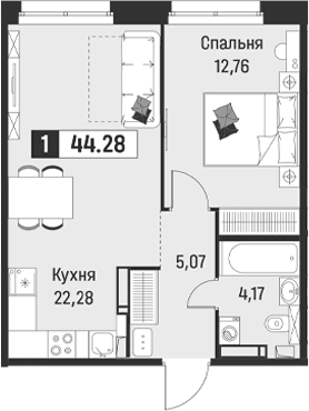 Планировка: Евродвушка 44,3 м² в ЖК «Символист»