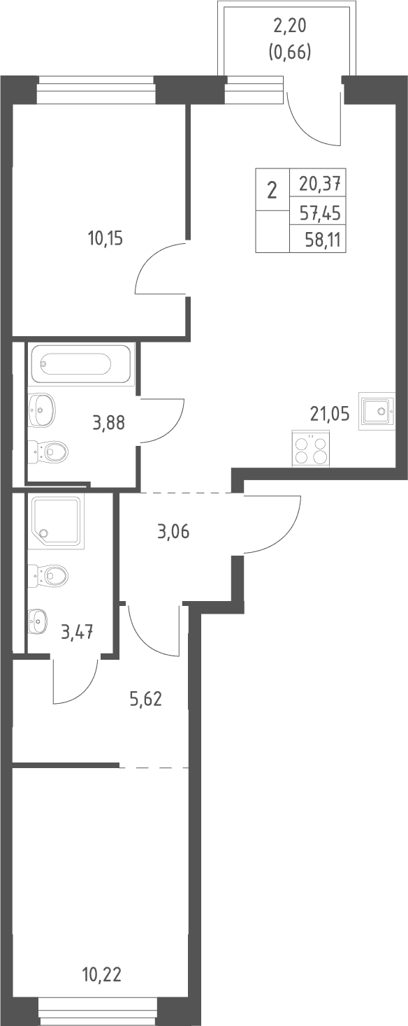 Планировка: Евротрёшка 57,5 м² в ЖК «Квартал Ивакино»
