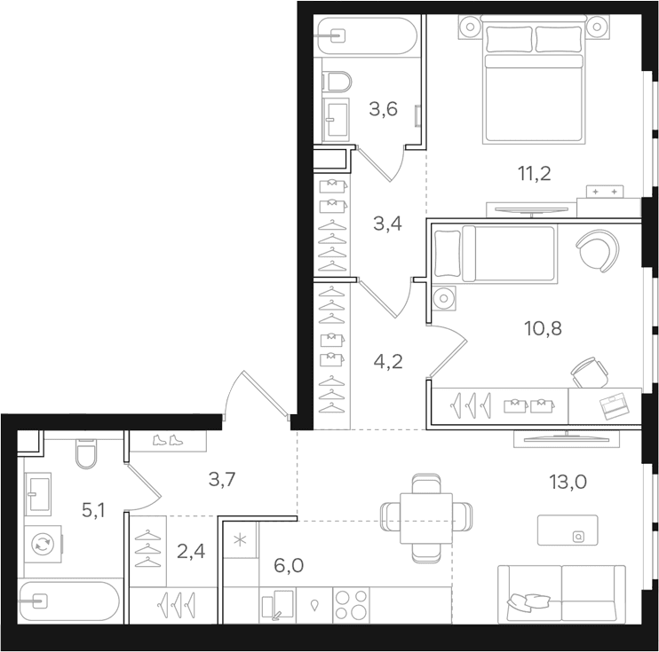 Планировка: Евротрёшка 63,4 м² в ЖК «НАЗАРЕ»