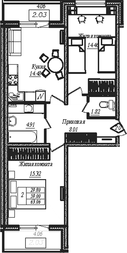 Планировка: 2-комнатная квартира 59 м² в ЖК «АРО»