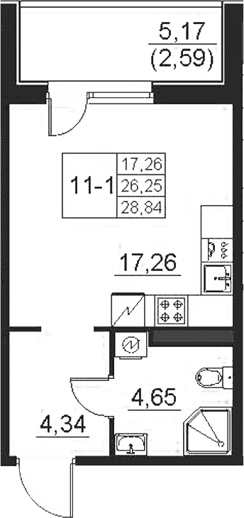 Планировка: Студия 26,3 м² в ЖК «Поинт Токсово»